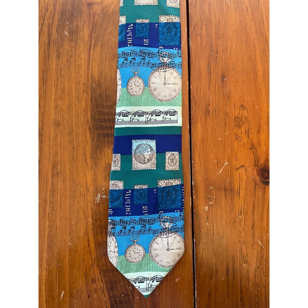 Structure Men Neck Tie All Silk Pocketwatch Musical Note Design Made in USA Blue